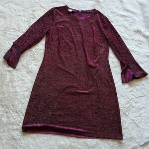 Michael Kors Burgundy Silver Metallic Knit Shift Dress Bell Sleeve Medium Petite